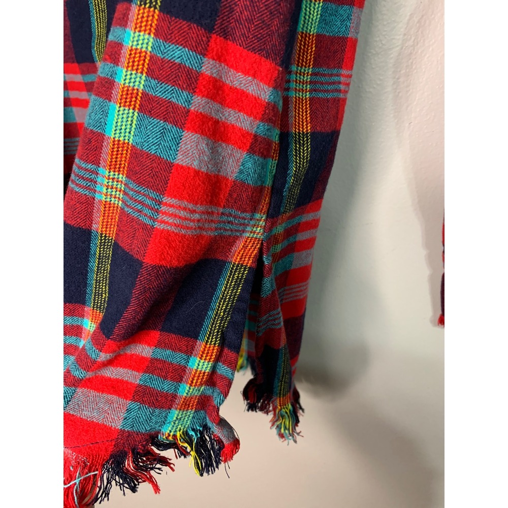 ONE24 RAGS Red Plaid‎ Fringed Flannel Shirt Oversized Distressed Women Large - Picture 5 of 10